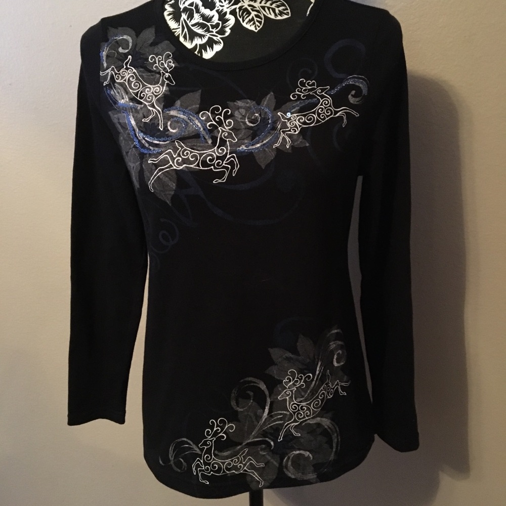BRECKENRIDGE SM BLACK WHITE GRAY & BLUE SEQUIN LONG SLEEVE COTTON POLY BLEND TEE